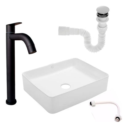 Kit Lavamanos Rectangular+griferia Agua Fria Negro Mate+push