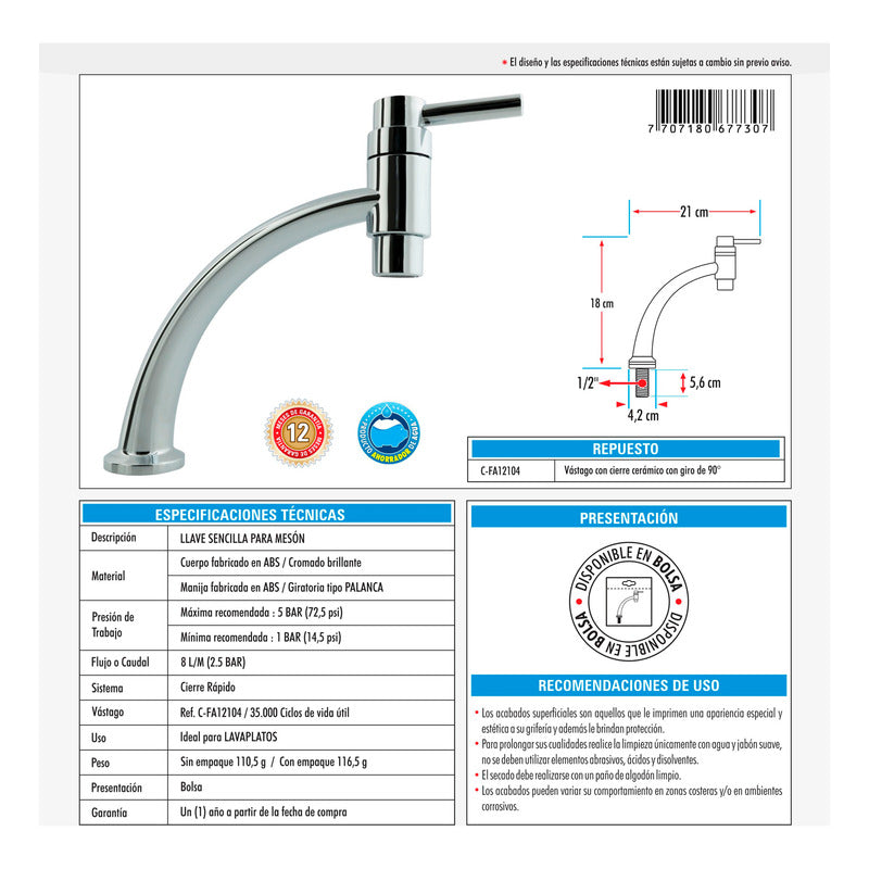 Llave Lavaplatos Meson En Abs Cromada Manija Tipo Palanca