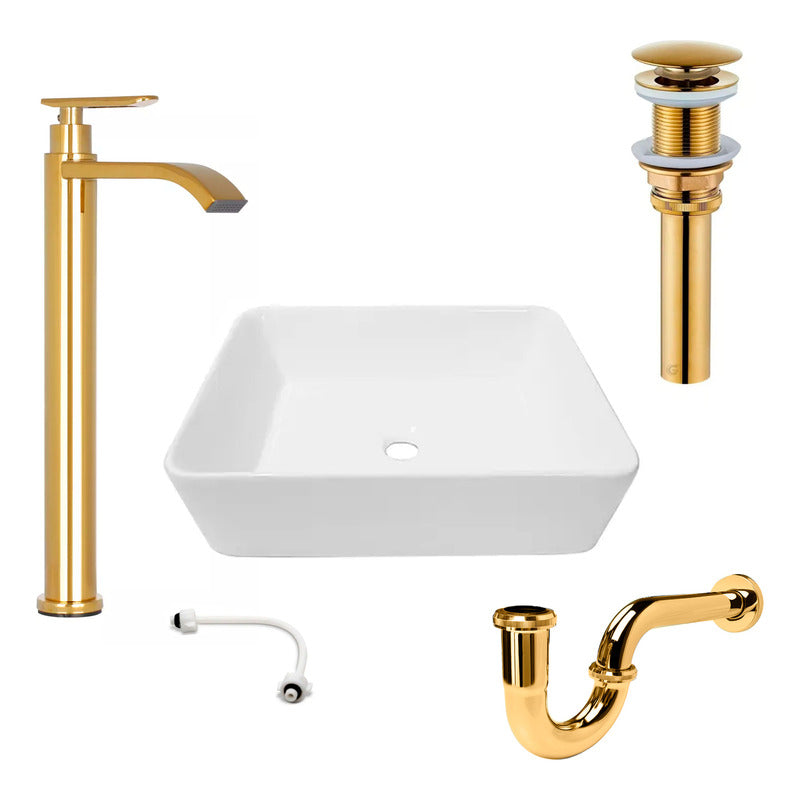 Combo Lavamanos Rectang.+griferia Ag.fria+push+sifon Oro Gf1