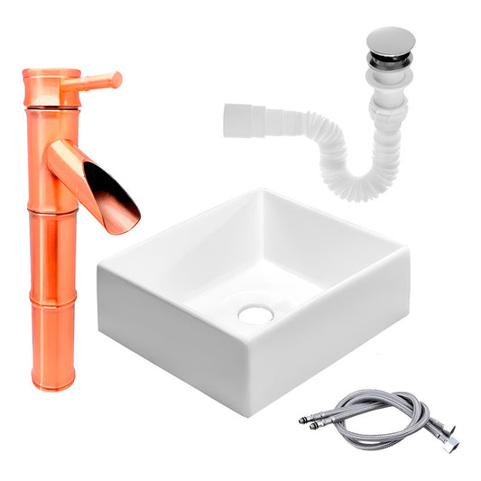 Kit Lavamanos Cuadrado+grifo Monocontrol Bambú Cobre Antiguo