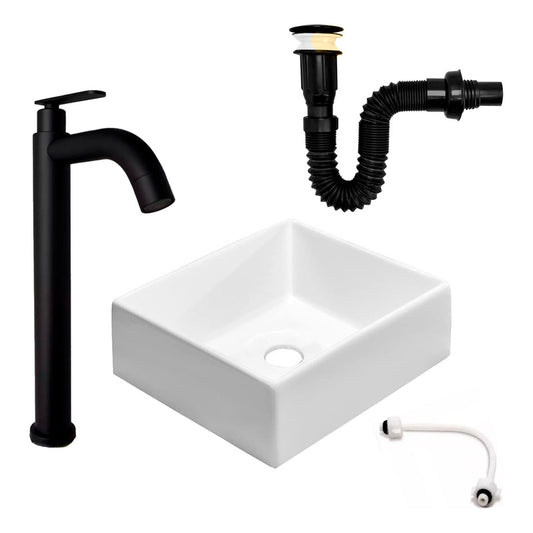 Kit Lavamanos Cuadrado+griferia Agua Fria Coic+push Negro