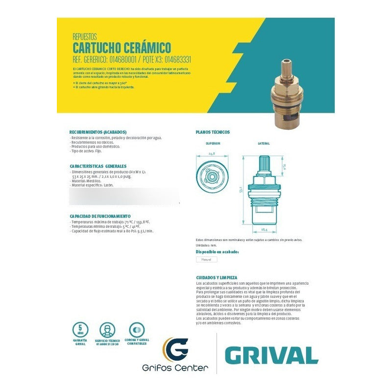Cartucho Cerámico Derecho Corto Grival