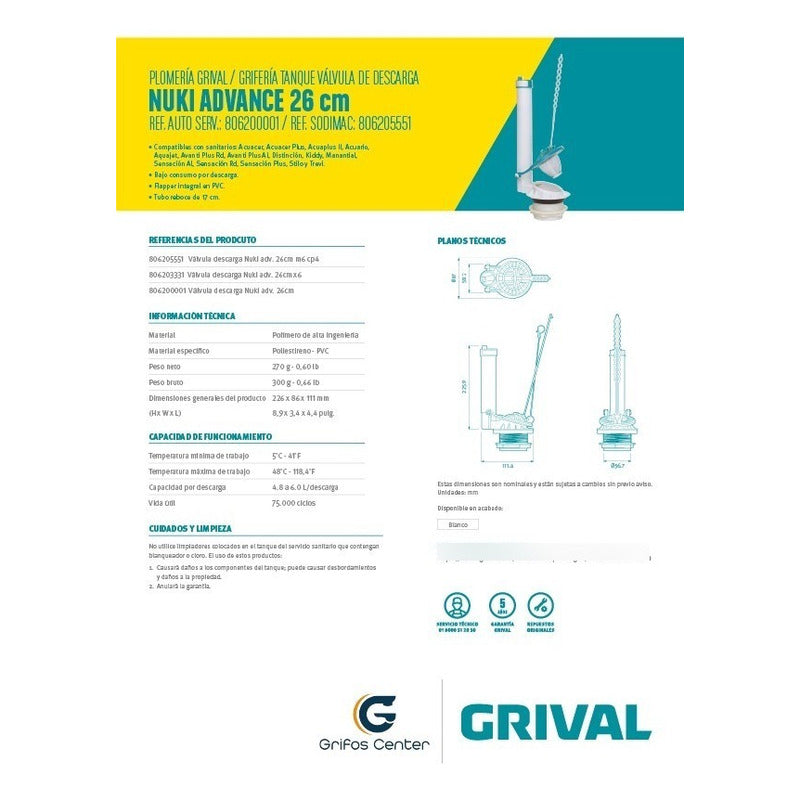 Válvula De Sanitaria Descarga Nuki Advance 26cm Grival