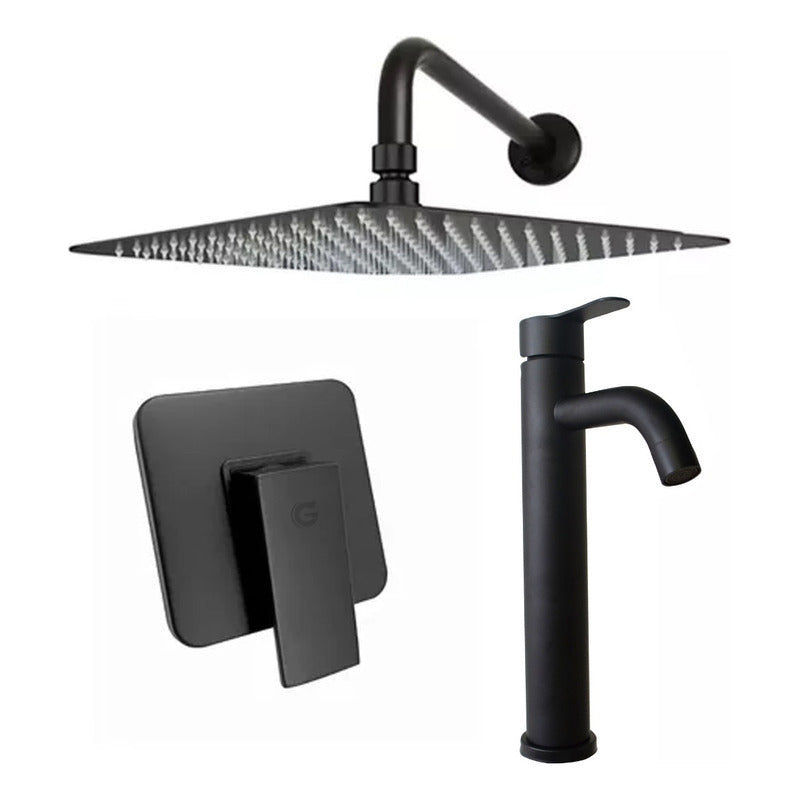 Kit Ducha 15cm+grifería Agua Fría+monocontrol Cuadrado Negro