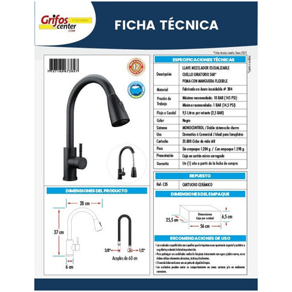 Llave Griferia Extraible Negra Lavaplatos