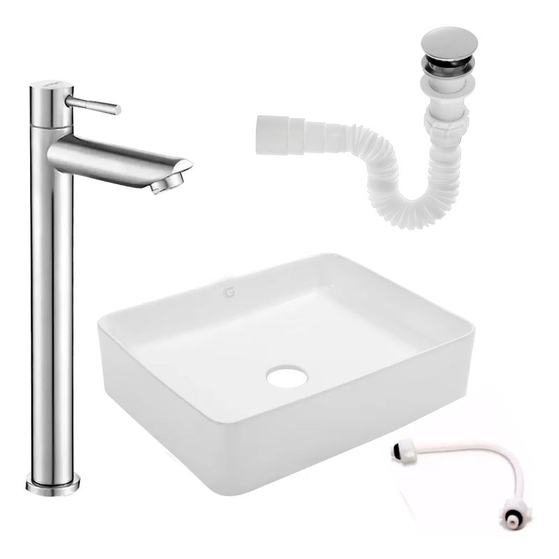 Kit Lavamanos Rectangular+griferia Agua Alta Brillante+push