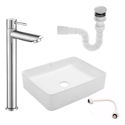 Kit Lavamanos Rectangular+griferia Agua Alta Brillante+push