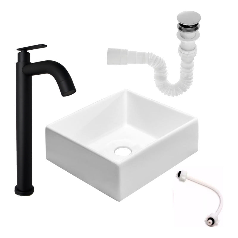 Kit Lavamanos Cuadrado+griferia Agua Fria Alta Negra+push