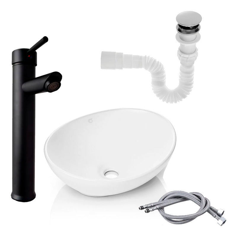 Kit Lavamanos+grifo Monocontrol Negro Plana+ Push Y Acople