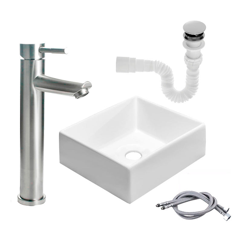 Kit Lavamanos Cuadrado+grifo Monocontrol Satinada Recto+push