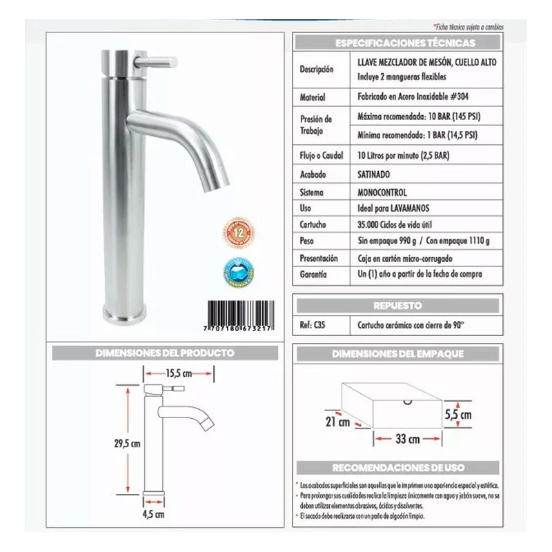 Kit Lavamanos Rectangular+grifo Monocontrol Satinada Cv+push