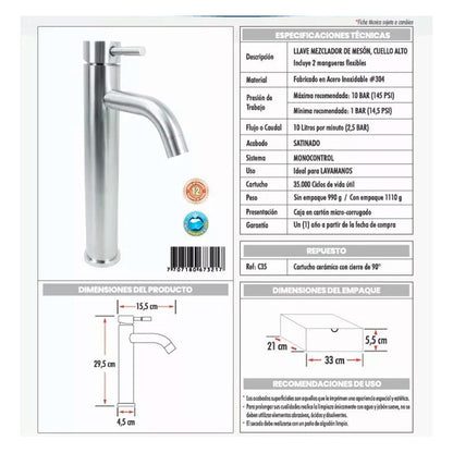 Kit Lavamanos Rectangular+grifo Monocontrol Satinada Cv+push