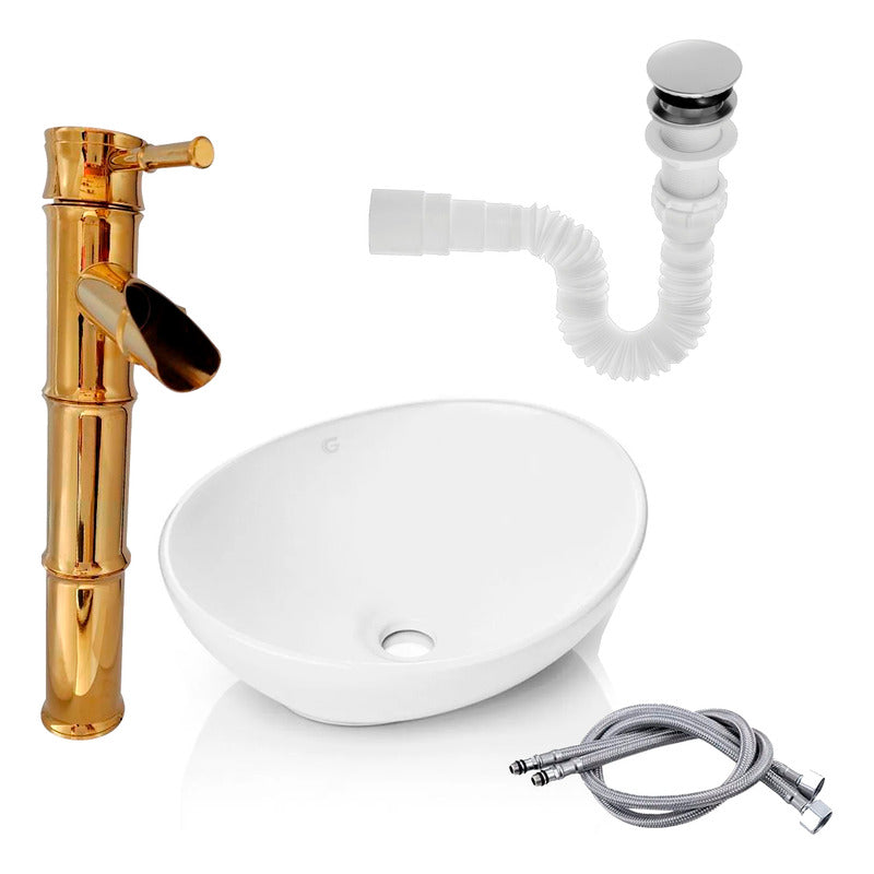 Kit Lavamanos+grifo Monocontrol Bambú Oro +push Y Acople