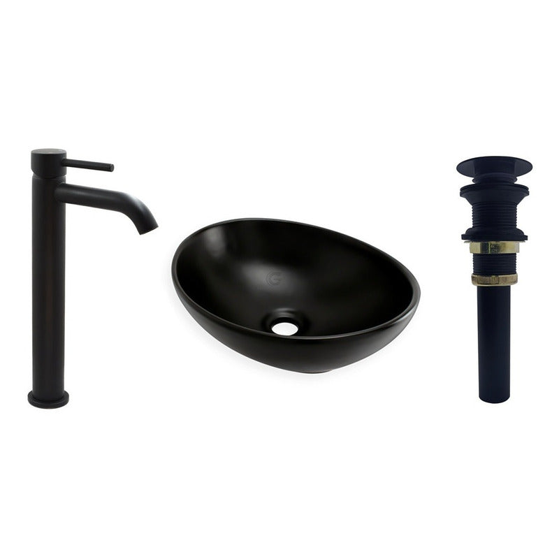 Combo De Lavamanos Negro+griferia Agua Fria+desague De Push