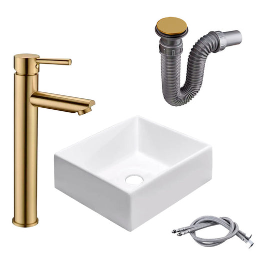 Kit Lavamanos Cuadrado+griferia Monocontrol Cepill+push Oro