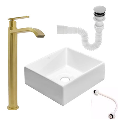 Kit Lavamanos Cuadrado+griferia Agua Fria Oro Cepillado+push