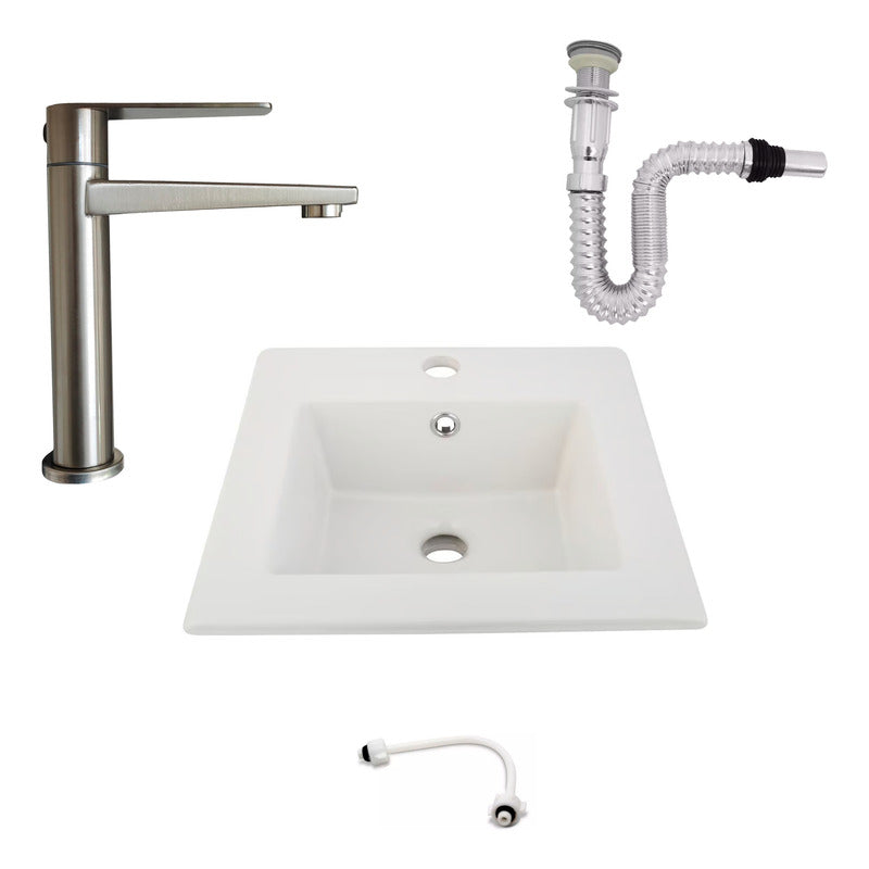Kit Placa Lavamanos 41cm+griferia Agua Fria+push Flexible 12