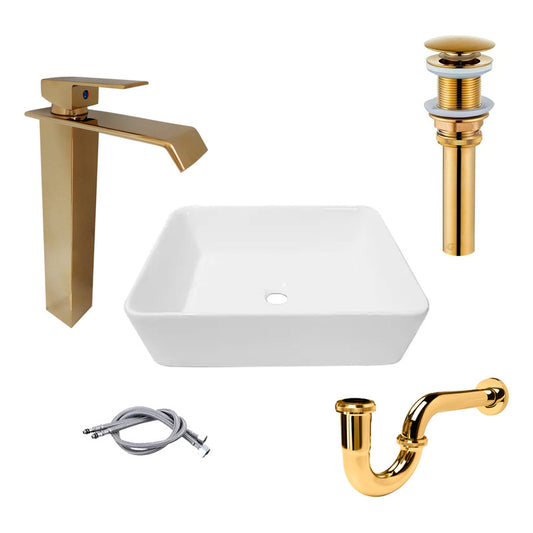 Combo Lavamanos Rectang.+griferia Monoc +push+sifon Oro Gf2