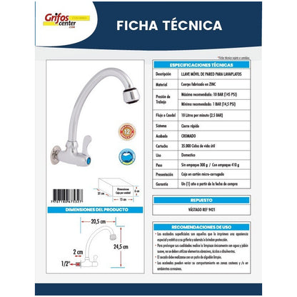 Grifería De Pared Para Lavaplatos Manija Tipo Palanca