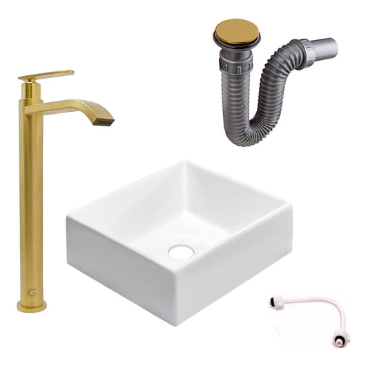 Kit Lavamanos Cuadrado+griferia Agua Fria Oro Cepillada+push