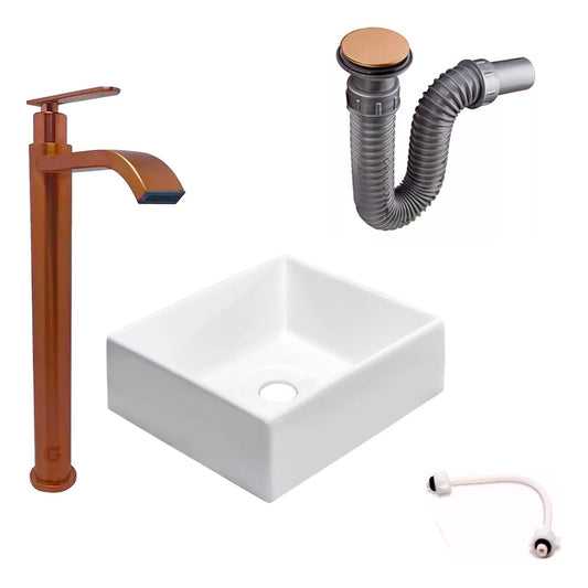 Kit Lavamanos Cuadrado+griferia Agua Fria Cepilado+push Rosa