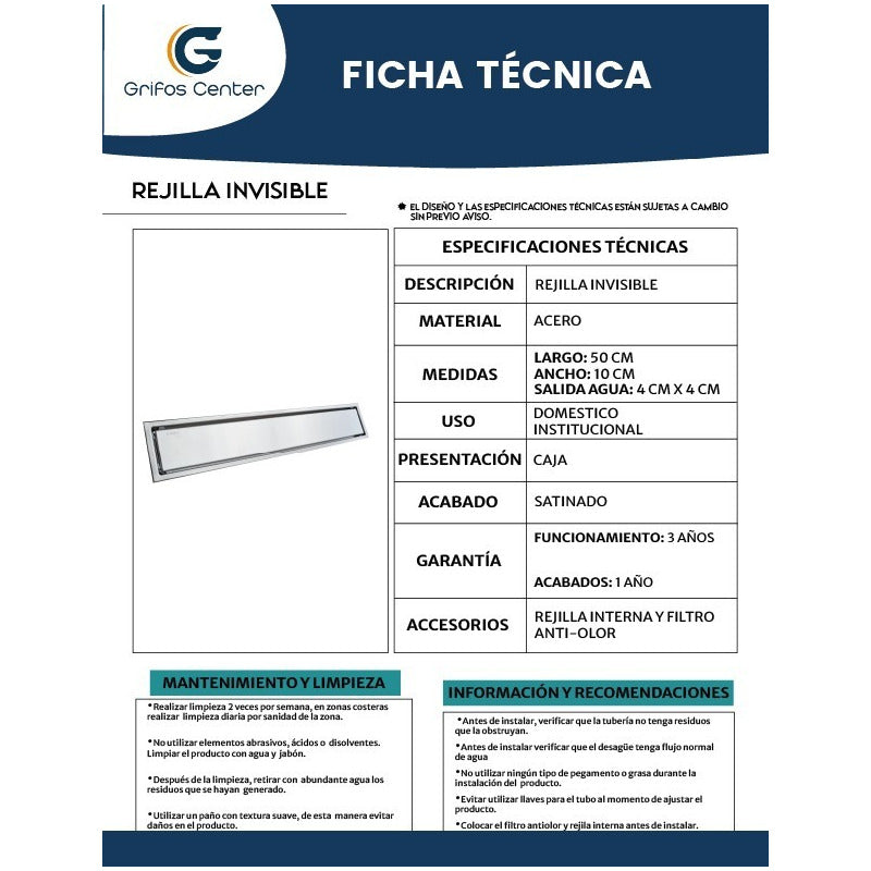 Rejilla Sifón Piso Invisible 50cm X 10cm Acero 304