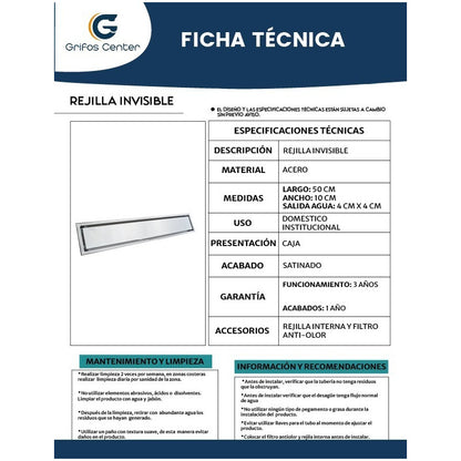 Rejilla Sifón Piso Invisible 50cm X 10cm Acero 304