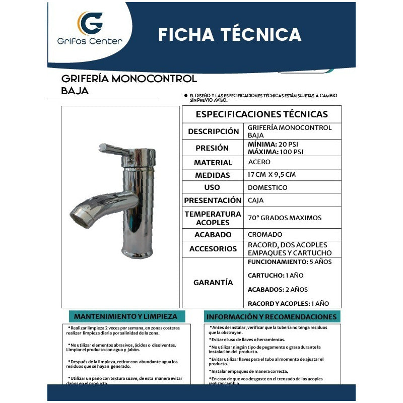 Grifería Monocontrol Lavamanos Baja