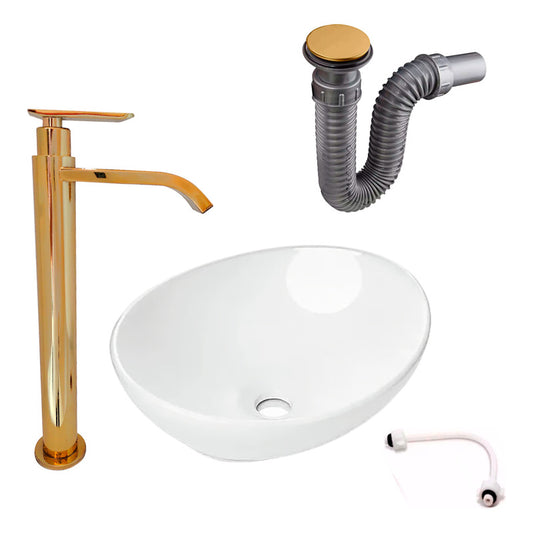 Kit Lavamanos Canoa+griferia Agua Fria Oro Brillante+push