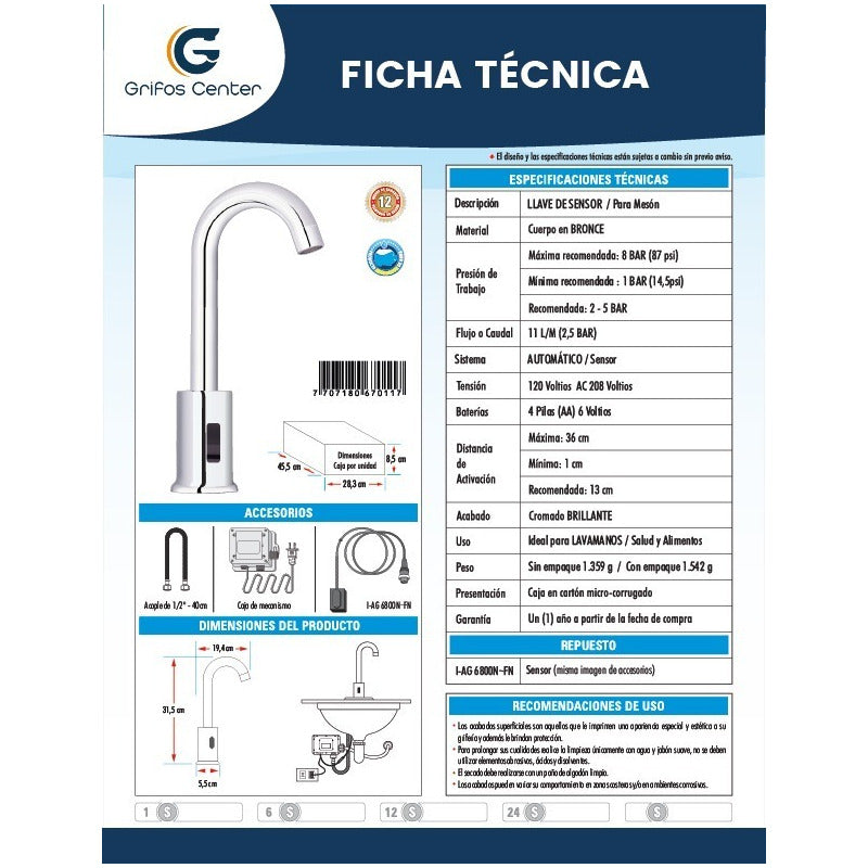 Griferia Sensor Cuello Alto