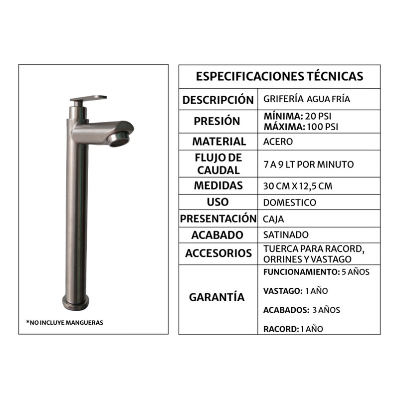 Grifería Para Lavamanos Alta Agua Fria Plateada