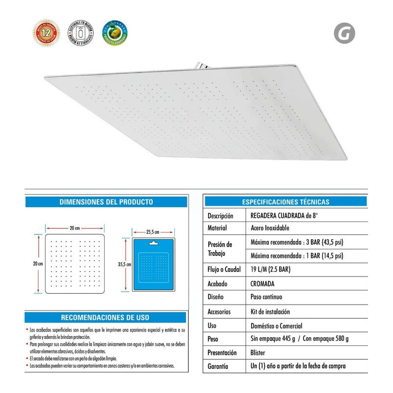 Regadera Cuadrada Cromada En Acero Inox. De 8 Pulgadas