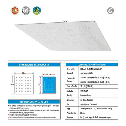 Regadera Cuadrada Cromada En Acero Inox. De 8 Pulgadas