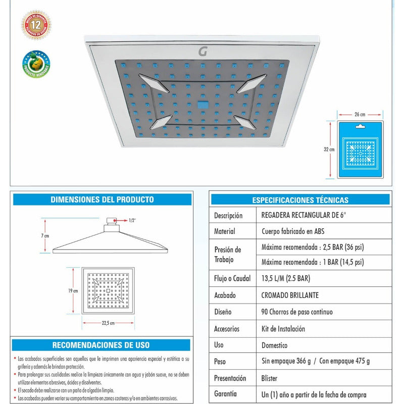 Regadera Rectangular En Abs Cromada De 6 Pulgadas