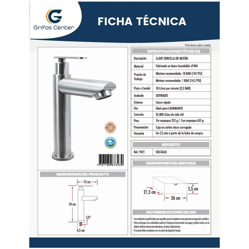Griferia Lavamanos Agua Fria Baja Acero Inoxidable
