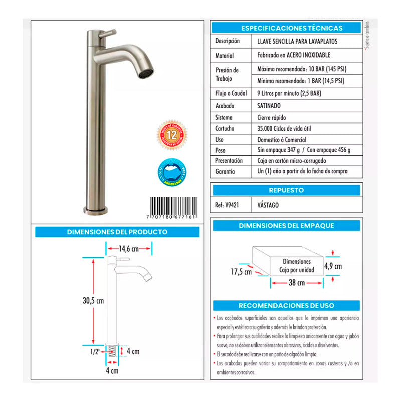 Combo Lavamanos Rectang.+griferia Agua Fria+push Y Sifon Gf3