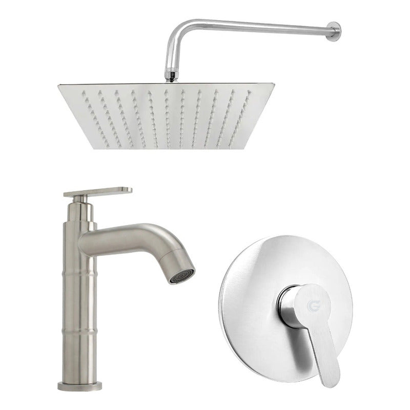 Kit Ducha Cuadrada Satín 20cm-grifería Agua Fría-monocontrol