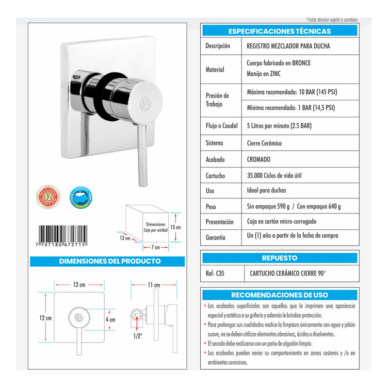 Registro Mezclador Para Ducha En Bronce Cromada