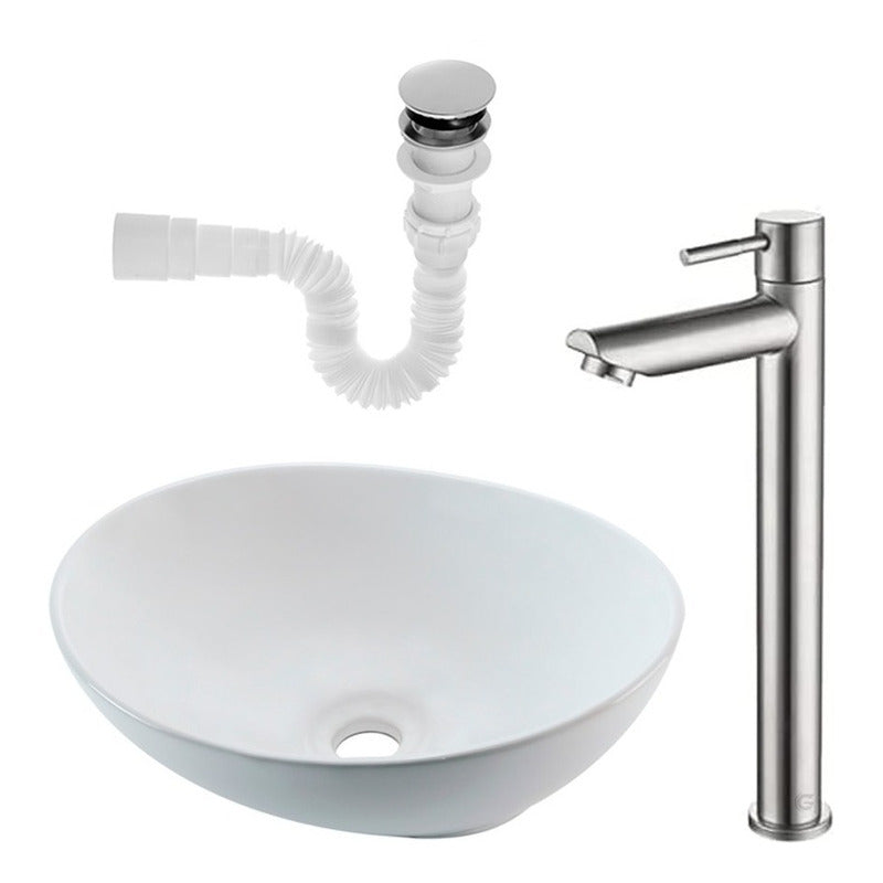 Combo Lavamanos Blanco + Griferia Agua Fria+sifon Flex.