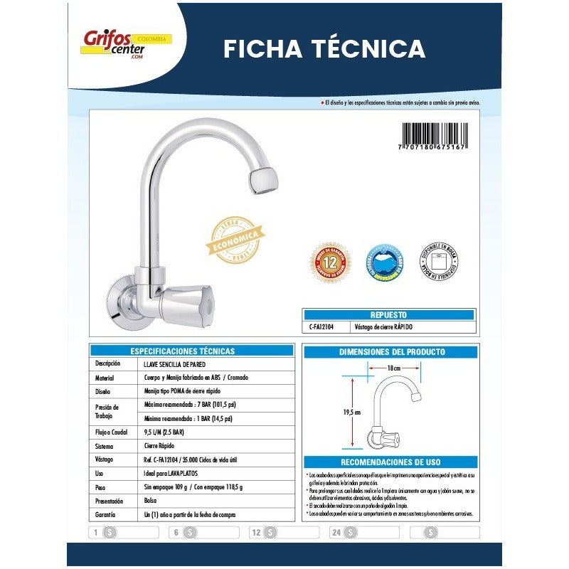 Llave Lavaplatos Sencilla Pared
