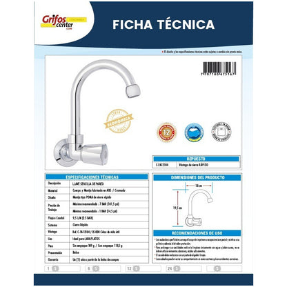 Llave Lavaplatos Sencilla Pared