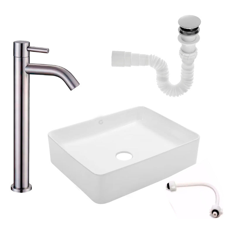 Kit Lavamanos Rectangular+griferia Agua Fria Brillante+push
