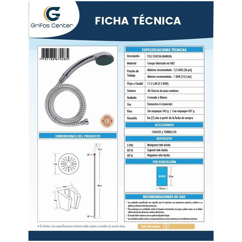 Ducha Manual Cromado En Abs