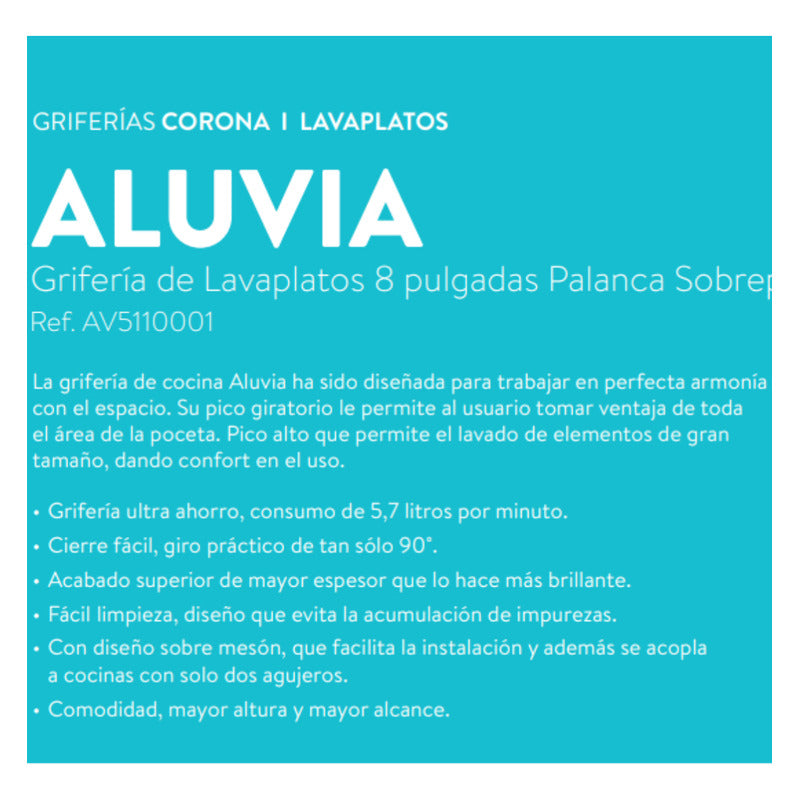 Grifería Mezclador Lavaplatos 8puLG Palanca Aluvia Plateada
