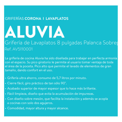 Grifería Mezclador Lavaplatos 8puLG Palanca Aluvia Plateada