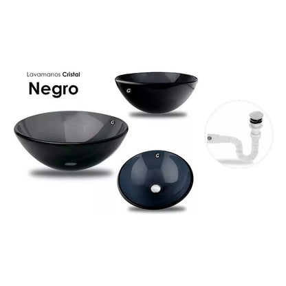 Kit Lavamanos Cristal Negro Y Griferia Monocontrol Desague.
