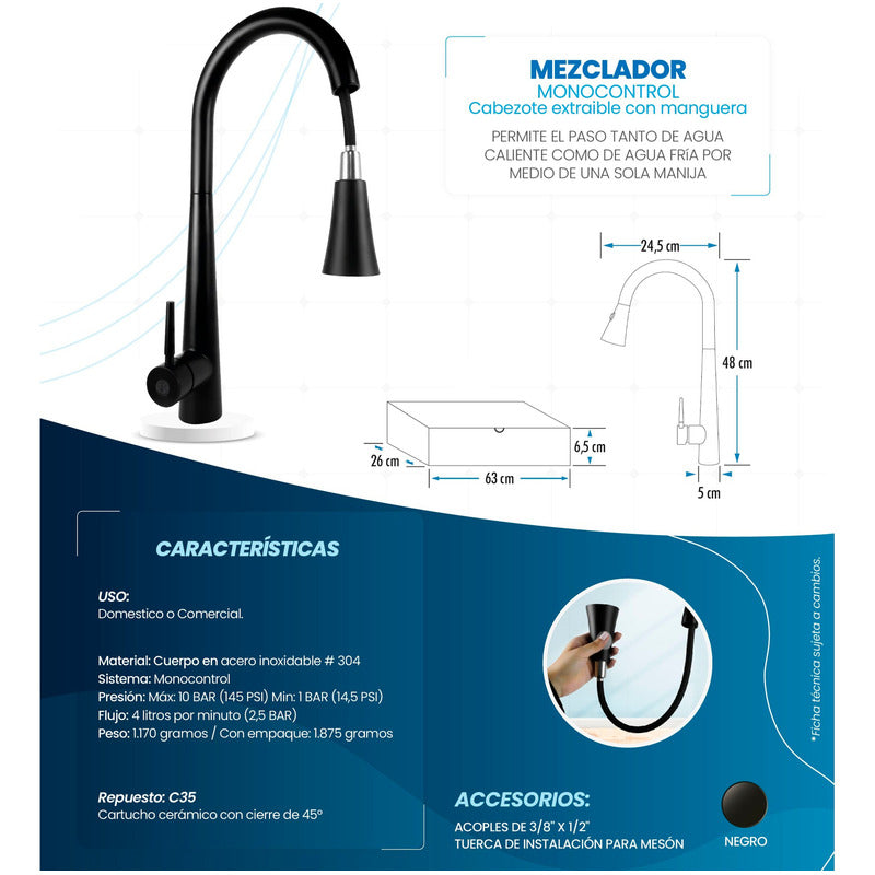 Mezclador Lavaplatos Acero Inox. Negro Incluye Mangueras