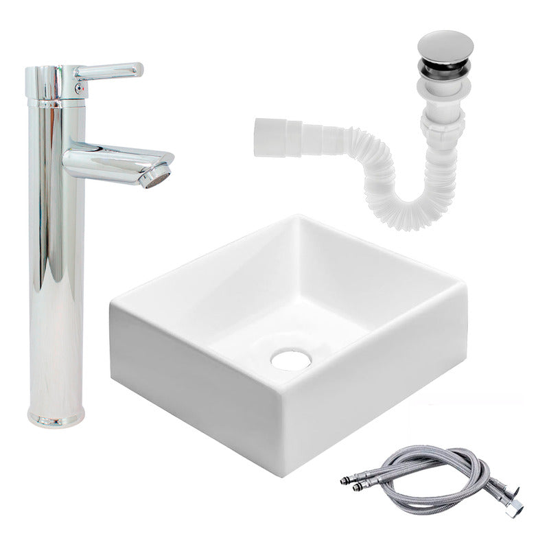 Kit Lavamanos Cuadrado+grifo Monocontrol Cromada Plana+ Push