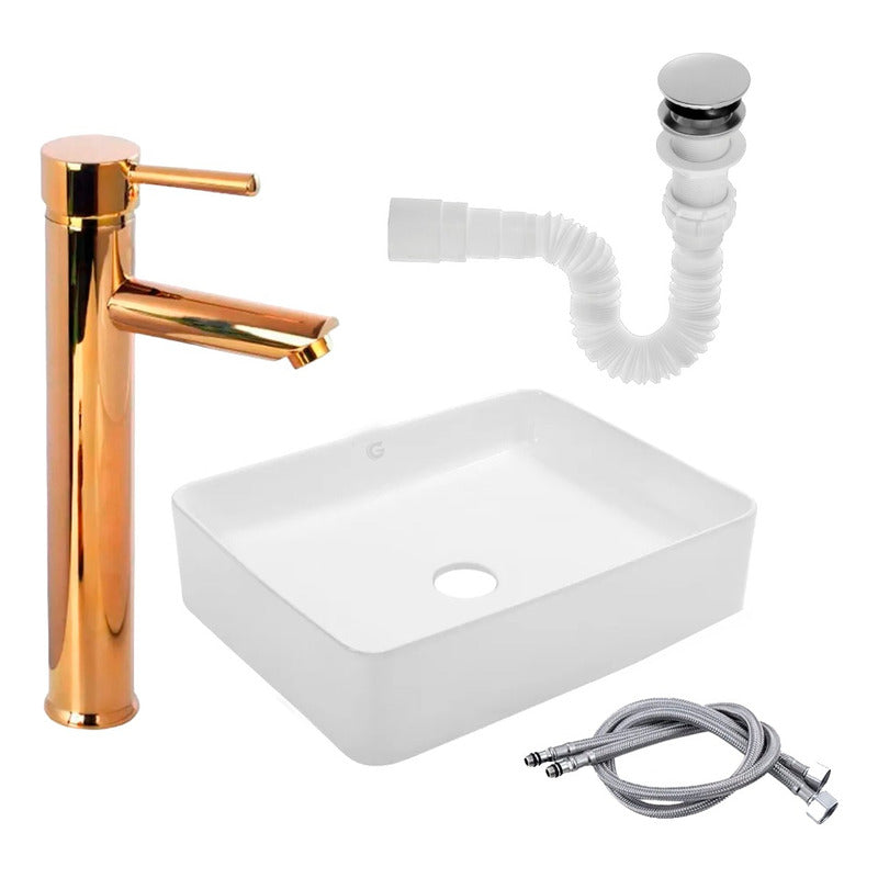 Kit Lavamanos Rectangular+grifo Monocontrol Oro Brillante