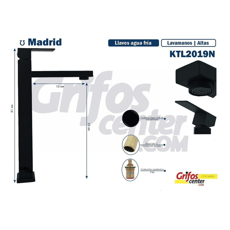 Grifería Lavamanos Agua Fría Alta Madrid Negro